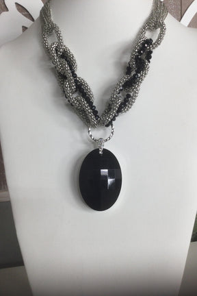Silver/Black Chain Link Glass Pendant Necklace - NEK4182BK