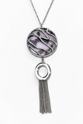 Silver/Lavender Circle Pendant/Tassel Necklace - NEK3655SI