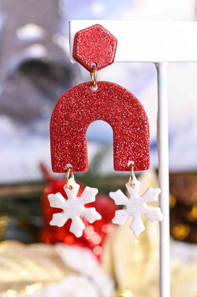 Red Glitter Arch Snowflake Clay Earrings - EAR3971RD