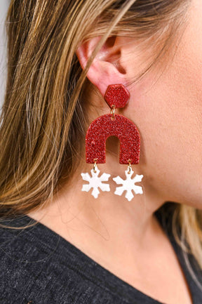 Red Glitter Arch Snowflake Clay Earrings - EAR3971RD