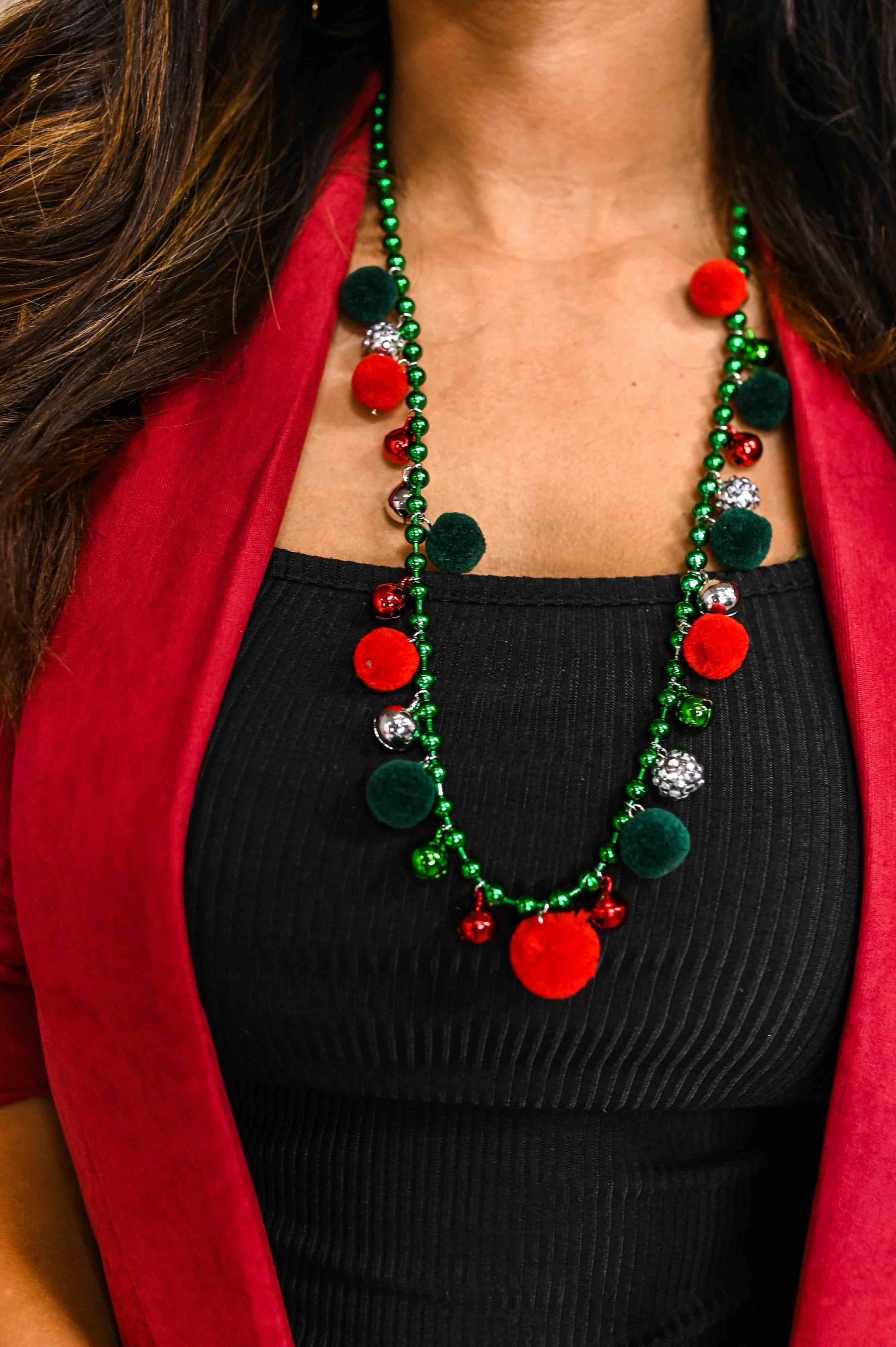 Green/Red/Silver Pompom/Christmas Bell Necklace - NEK4159GN