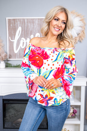 She's A Cute Lady Ivory Multi Colored Floral Top - T6382IV