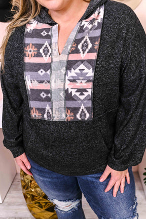I'm Stuck On You Black/Gray Aztec Printed Hooded Top - T5504BK