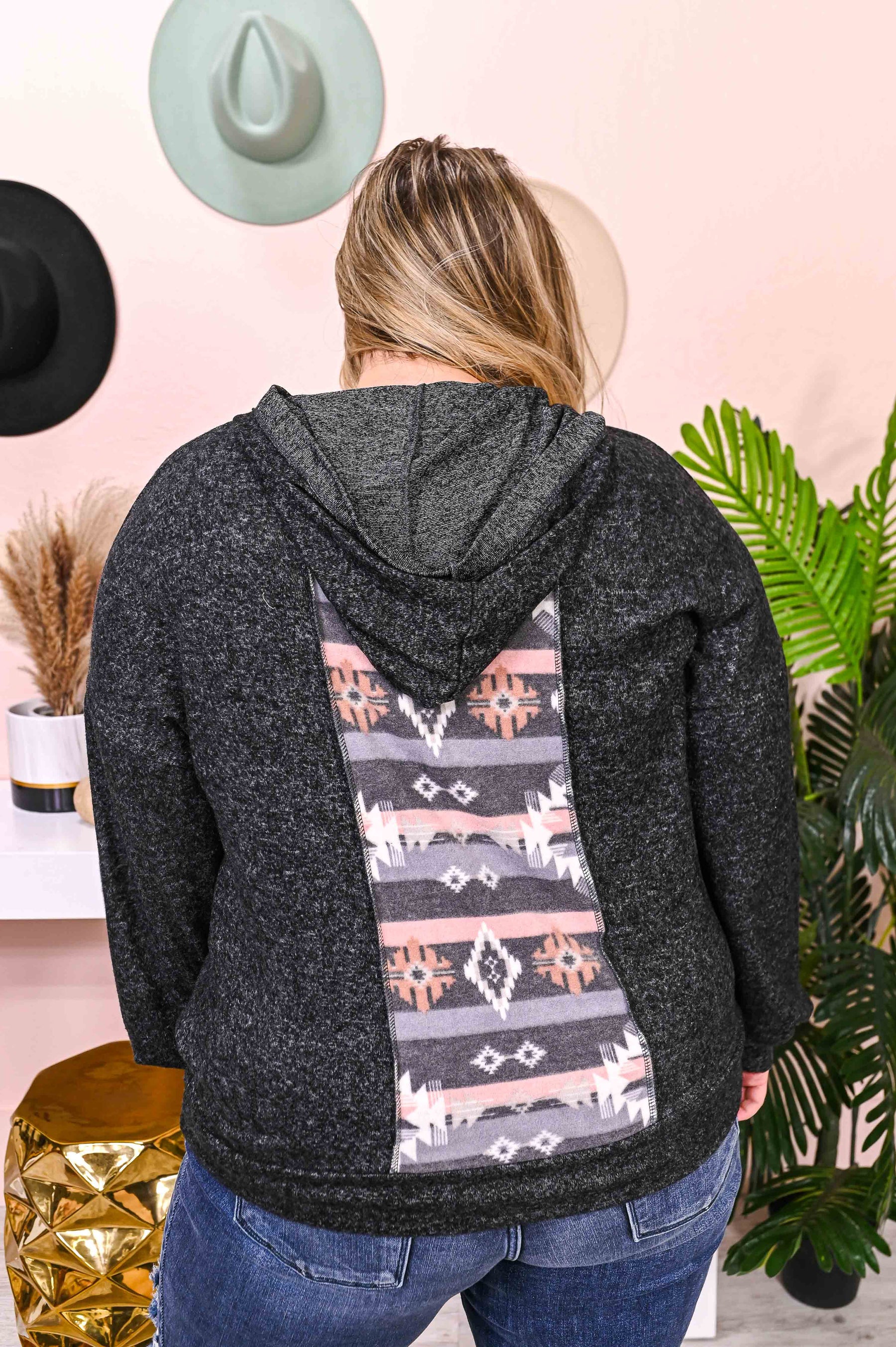 I'm Stuck On You Black/Gray Aztec Printed Hooded Top - T5504BK