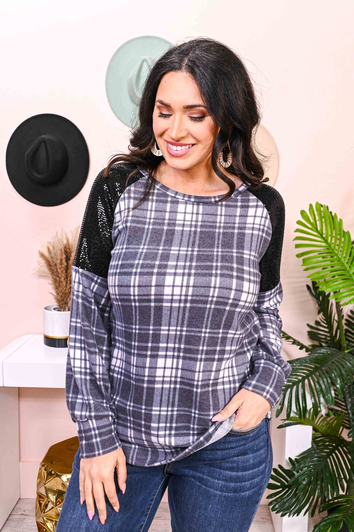 Streets Of New York Charcoal Gray/Black Plaid/Sequin Top - T5518CG