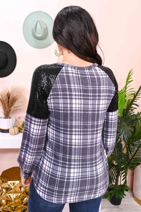 Streets Of New York Charcoal Gray/Black Plaid/Sequin Top - T5518CG