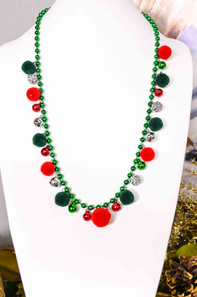 Green/Red/Silver Pompom/Christmas Bell Necklace - NEK4159GN