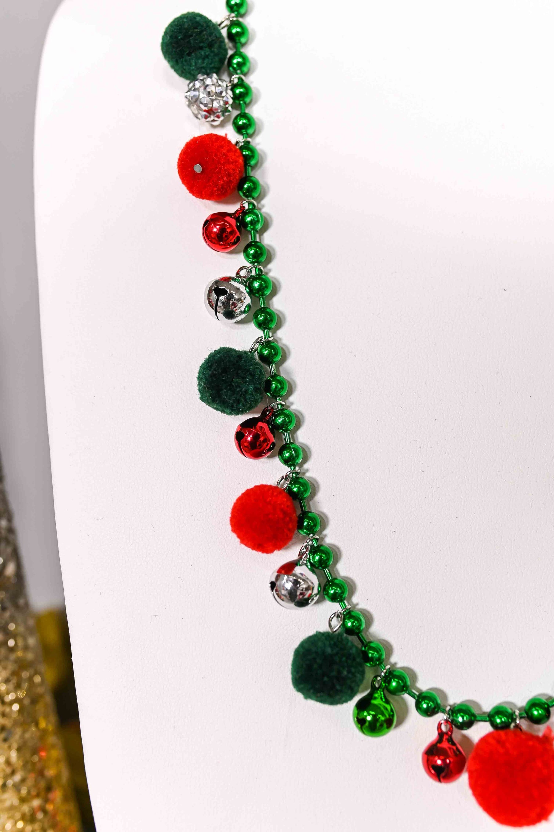 Green/Red/Silver Pompom/Christmas Bell Necklace - NEK4159GN