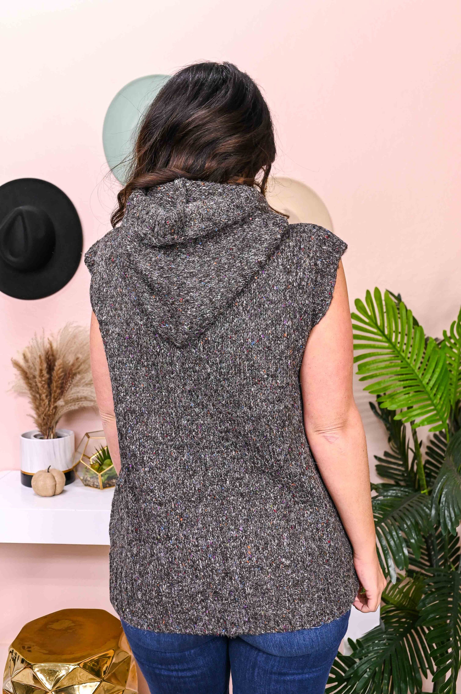 In The Mood For Comfort Charcoal Gray/Multi Color Knitted Hooded Top - T5534CG