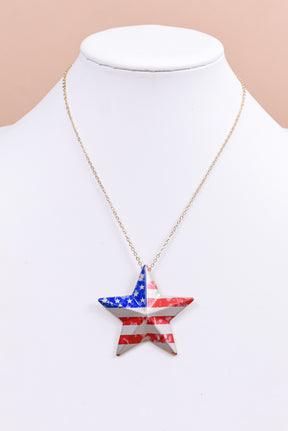 Red/White/Blue/American Flag/Star Pendant Necklace - NEK3908WH