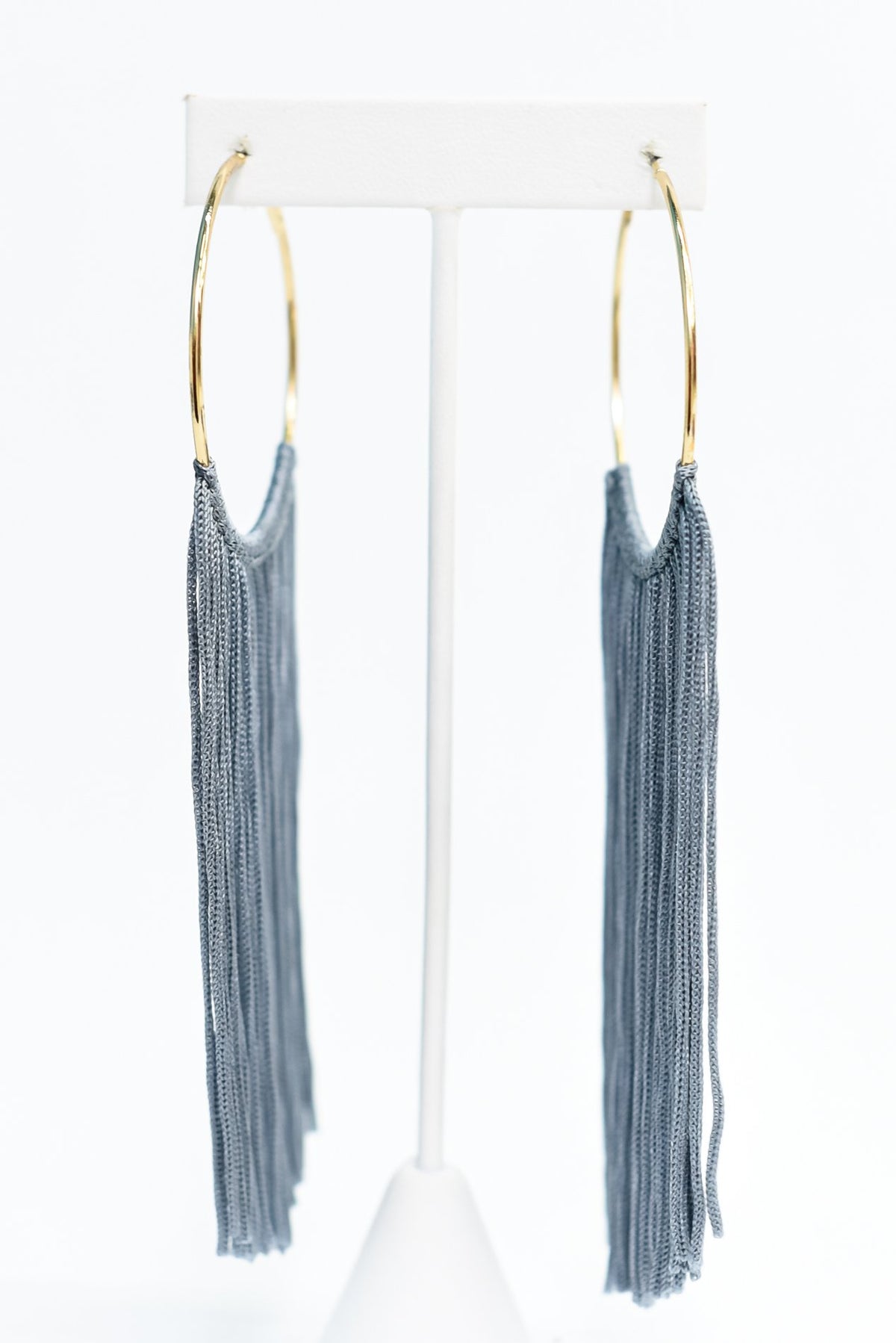 Long Dark Gray Tassel Gold Hoop Earrings - EAR3049DGR