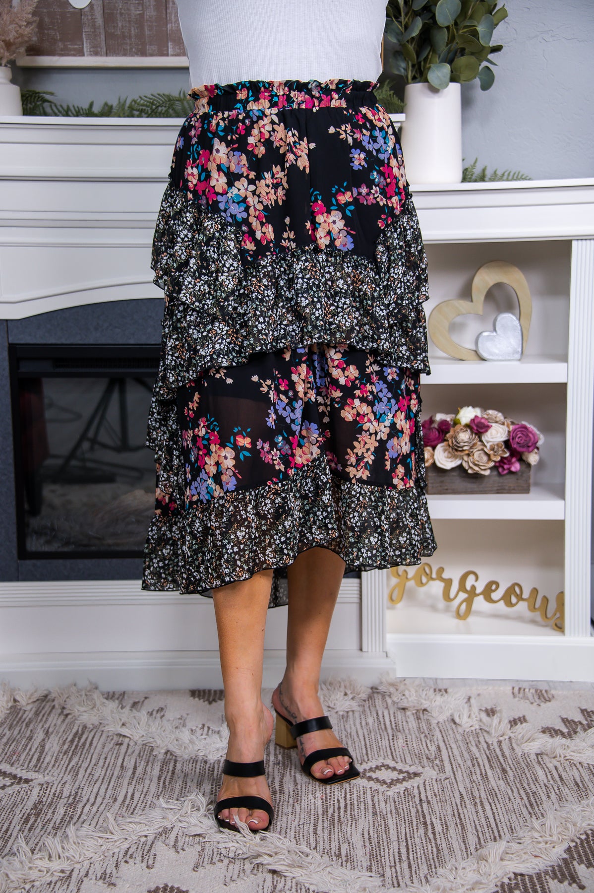 Twirling Into Your Love Black Floral Midi Skirt T6266BK