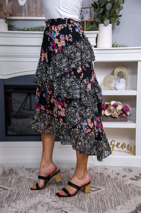 Twirling Into Your Love Black Floral Midi Skirt T6266BK
