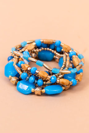 Blue/Gold/Wooden/Beaded Stackable Stretch Bracelet - BRC3250BL