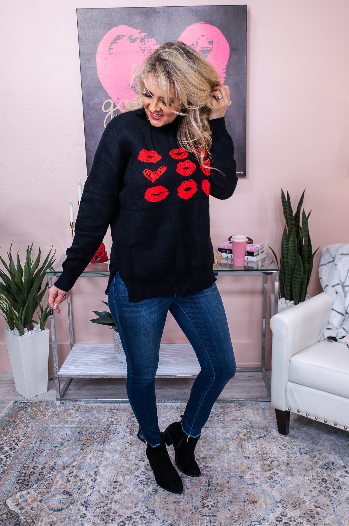 Hearts And Kisses Black/Red Lips/Heart Printed Sweater Top - T6055BK