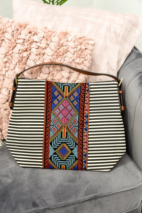 It's My Go To Black/Multi Color Striped/Embroidered Bag - BAG1636BK