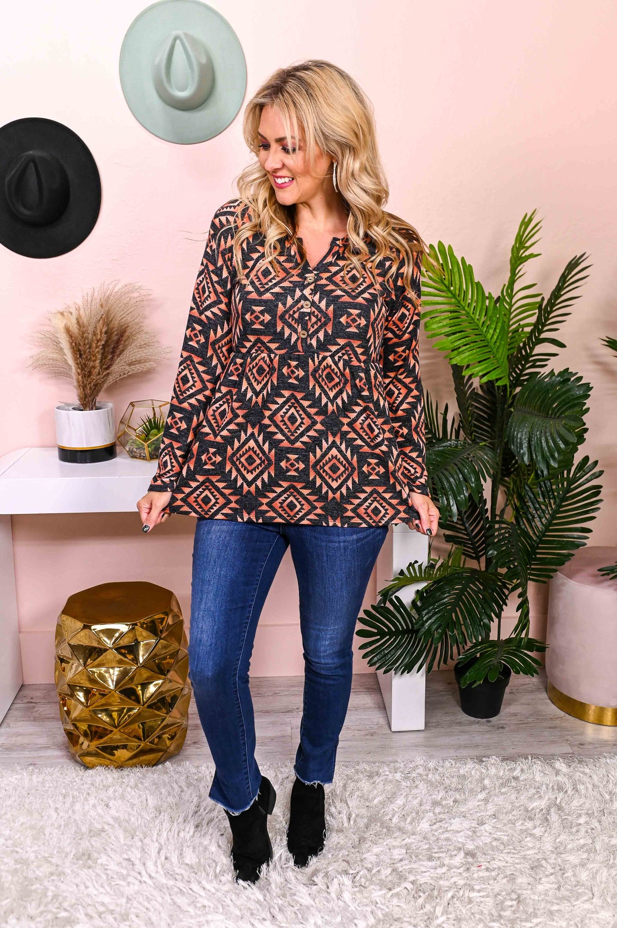 Step It Up A Notch Rust/Heather Black Aztec Printed Babydoll Top - T5573RS