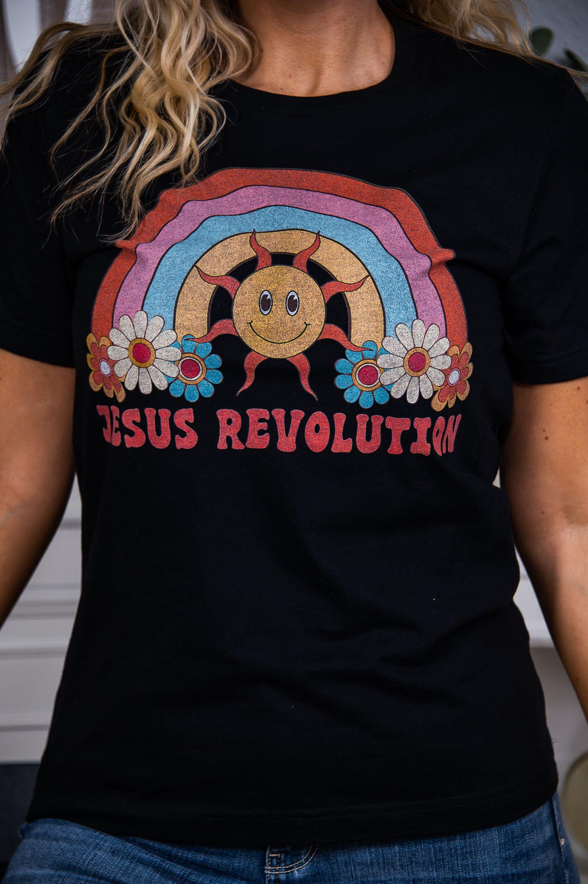 Jesus Revolution Solid Black Rainbow/Sun/Floral Graphic Tee - A2551BK