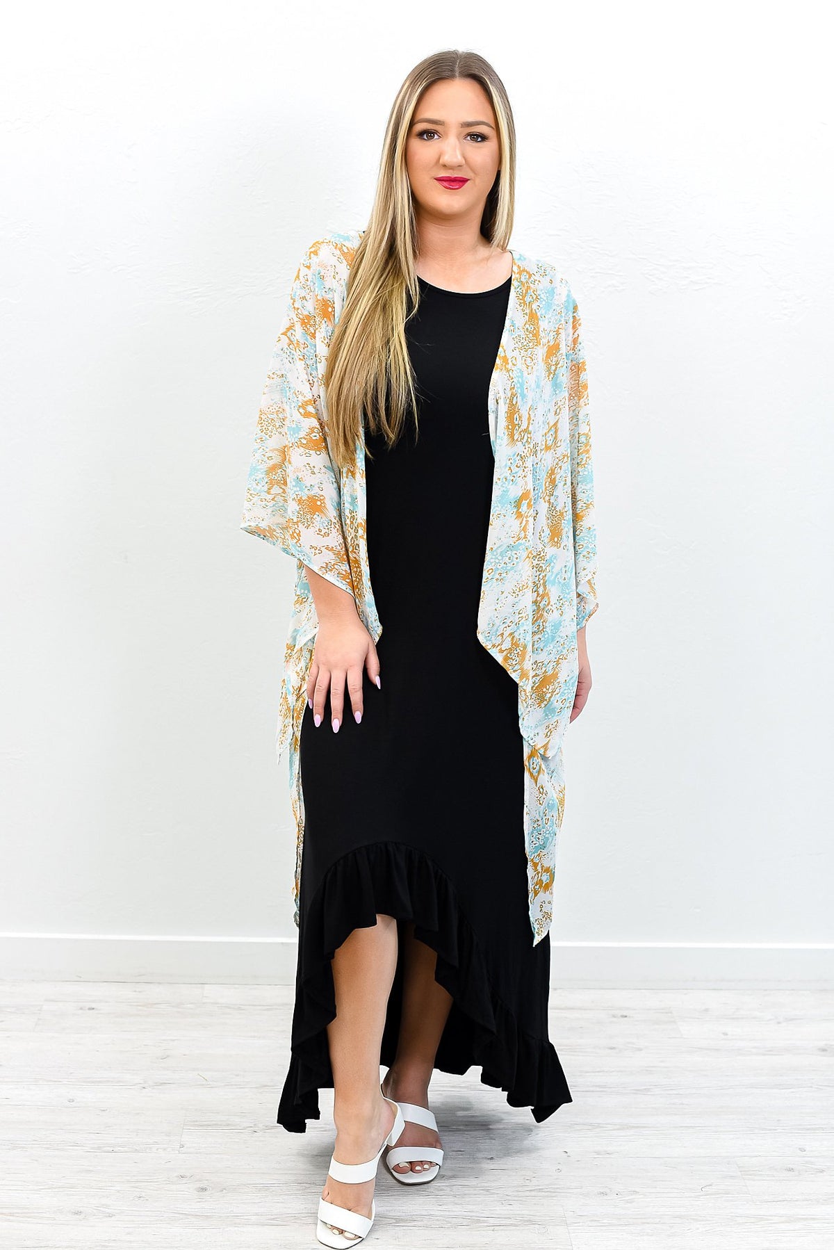 Triple Threat Diva Aqua/Ivory/Mustard Printed Kimono - O3168AQ