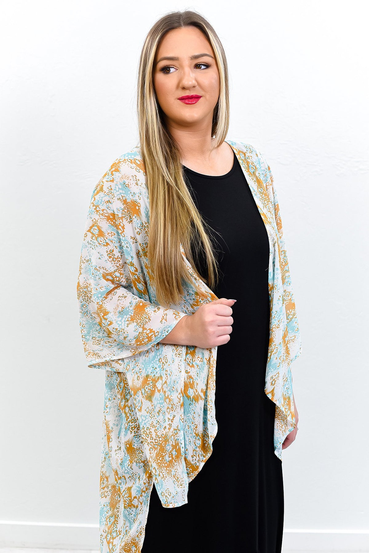 Triple Threat Diva Aqua/Ivory/Mustard Printed Kimono - O3168AQ