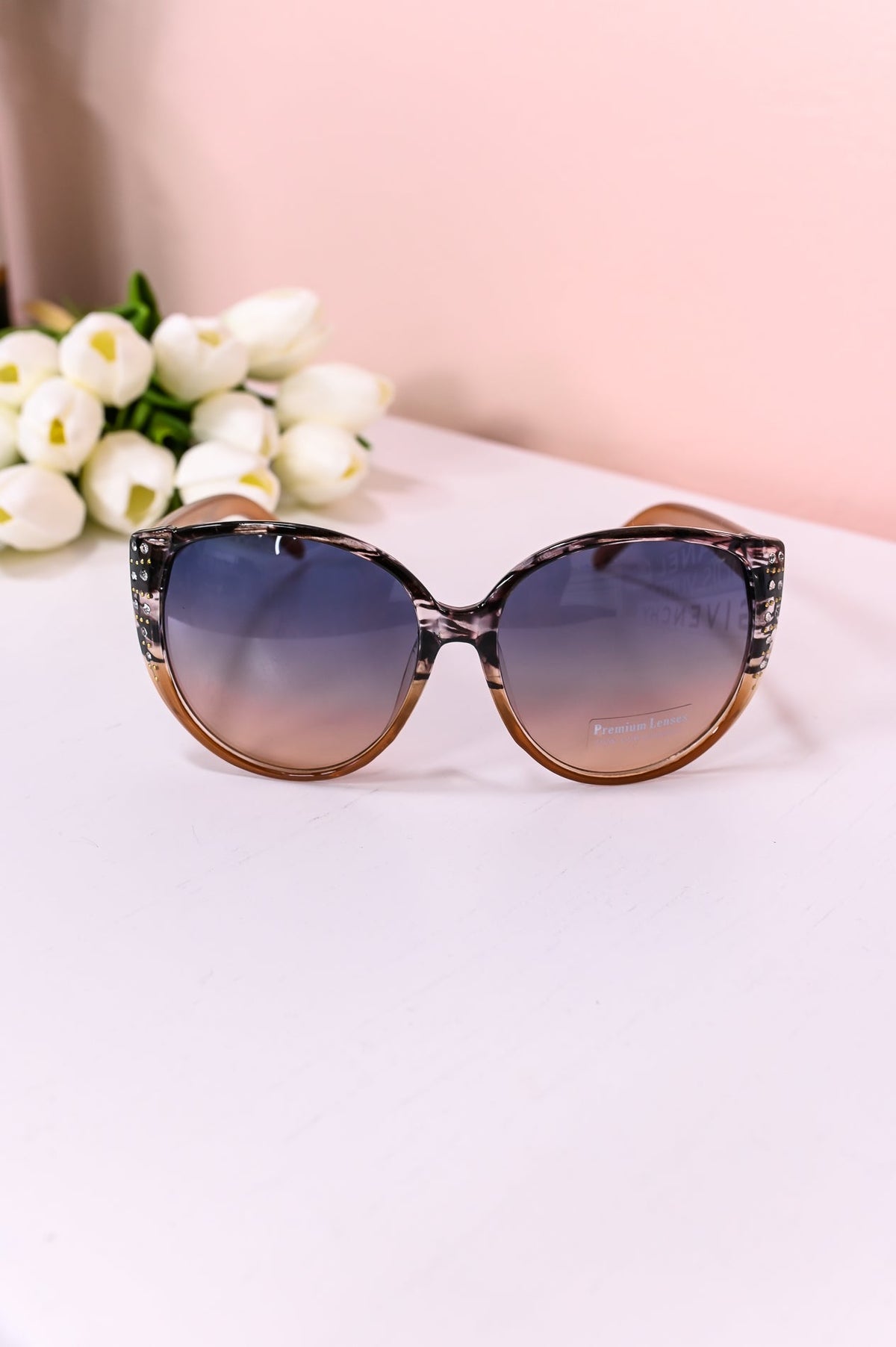 Brown Bling/Studded Oversized Cat Eye Lens Sunglasses - SGL336BR