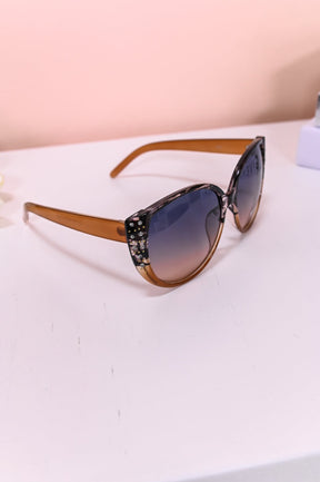 Brown Bling/Studded Oversized Cat Eye Lens Sunglasses - SGL336BR