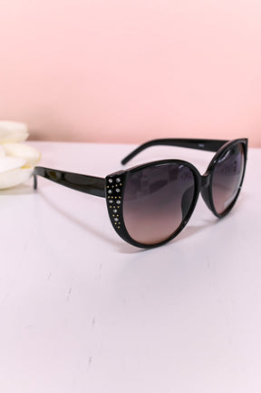 Black Bling/Studded Oversized Cat Eye Lens Sunglasses - SGL337BK