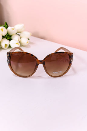Brown Printed Bling/Studded Oversized Cat Eye Lens Sunglasses - SGL338LE