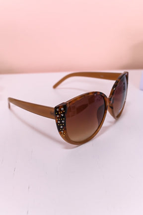 Brown Printed Bling/Studded Oversized Cat Eye Lens Sunglasses - SGL338LE