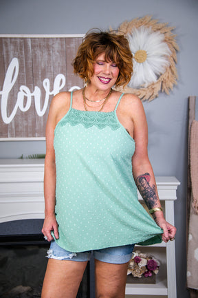 Looking For Passion Sage Solid Polka Dot/Crochet Top - T6629SG
