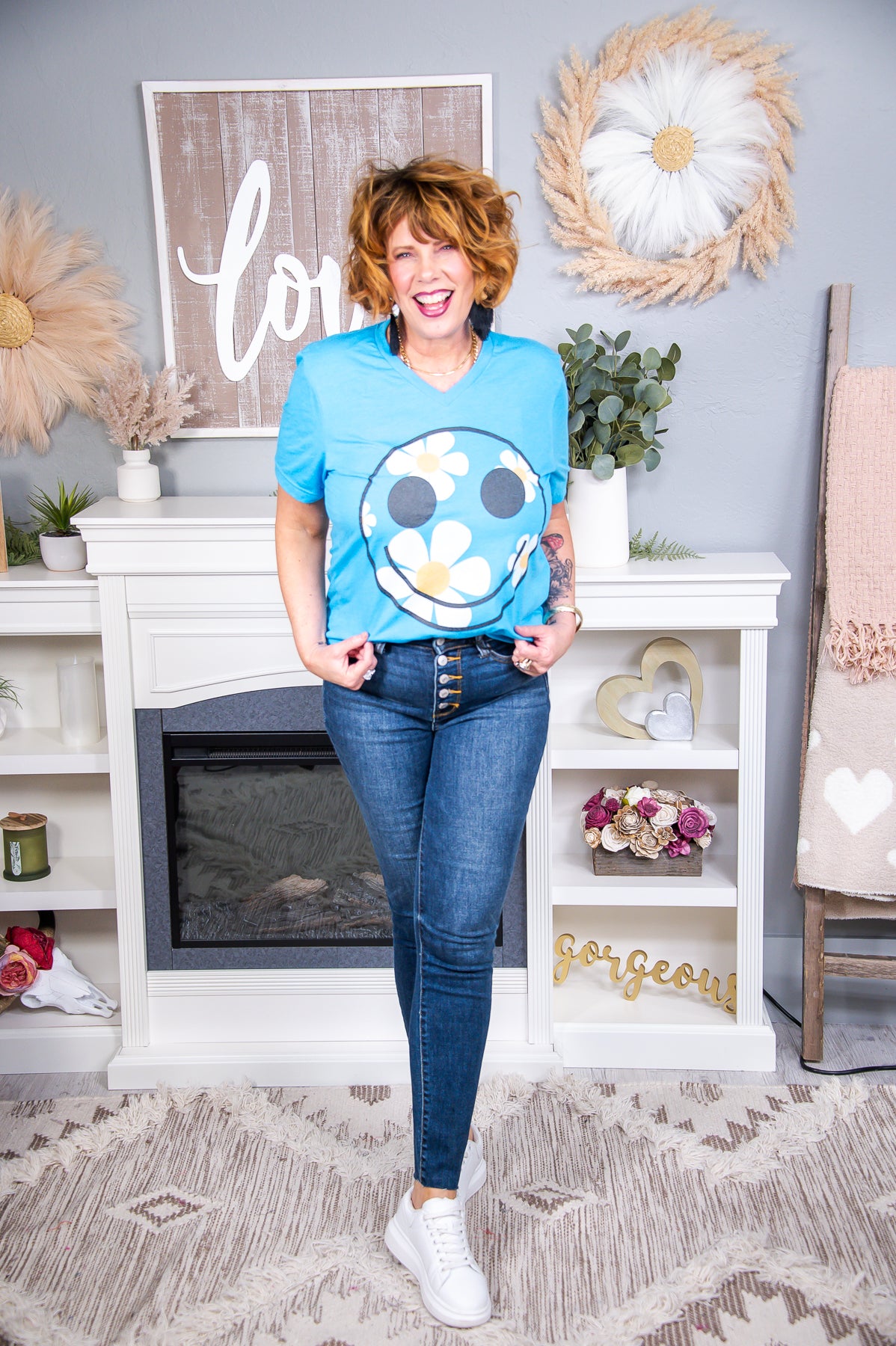 Just Smile Aqua Smiley Face/Daisy Graphic Tee - A2560AQ