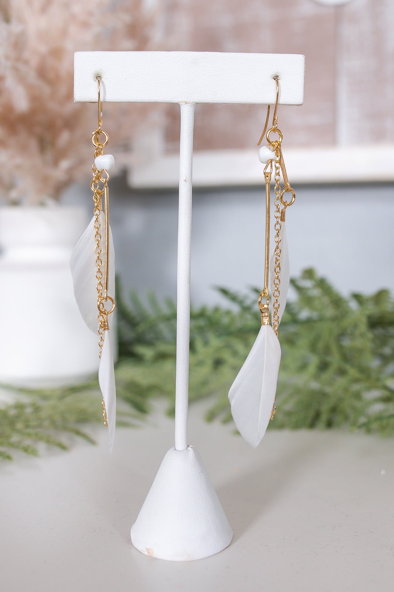 White/Gold Feather Drop Earrings - EAR4016WH