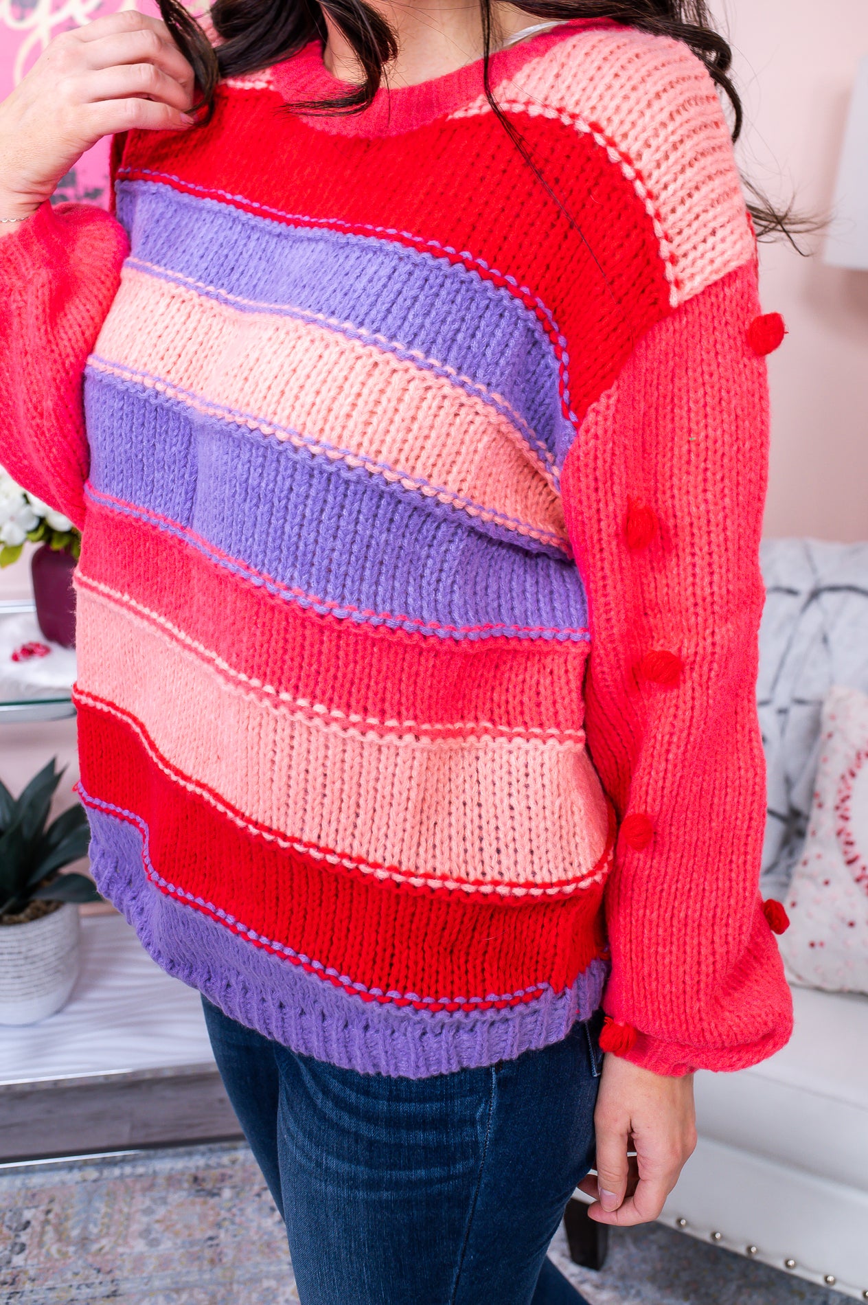 Bursting With Joy Dusty Purple/Multi Color Striped Sweater Top- T6118DPU