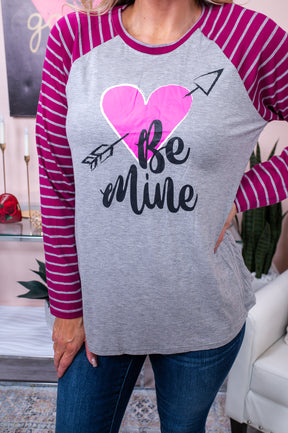 Be Mine, Sweet Valentine Heather Gray/Berry Striped/Valentine Top - T6150HGR