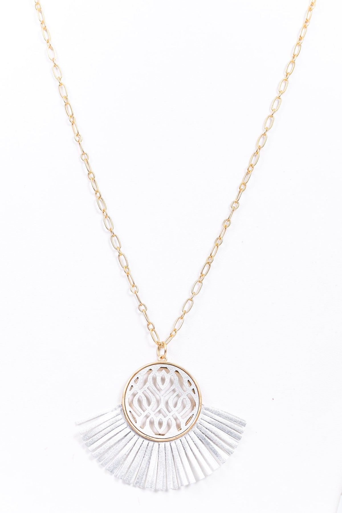 Gold/Silver Filigree/Leather Tassel/Fan Pendant Necklace - NEK3799SI