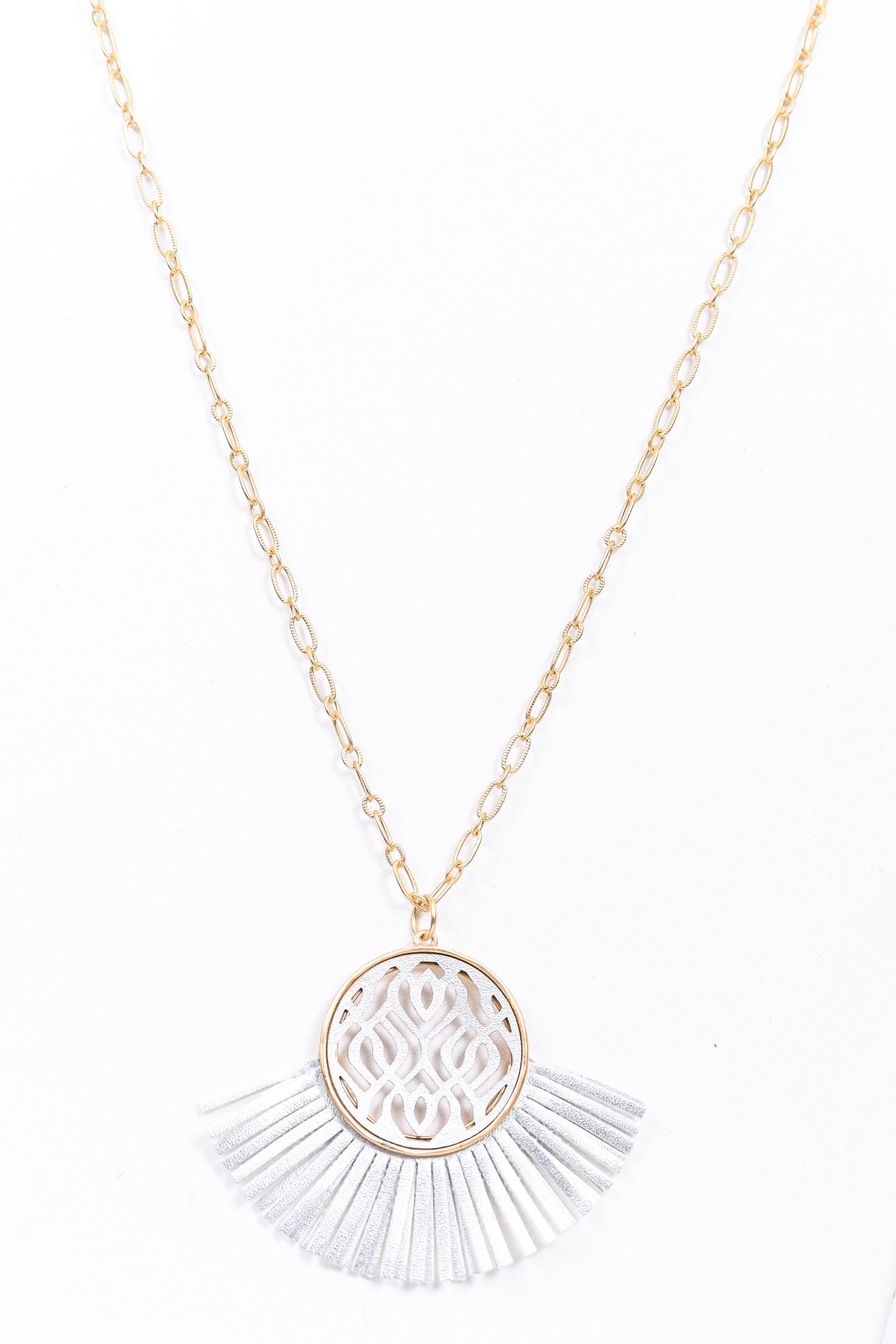 Gold/Silver Filigree/Leather Tassel/Fan Pendant Necklace - NEK3799SI
