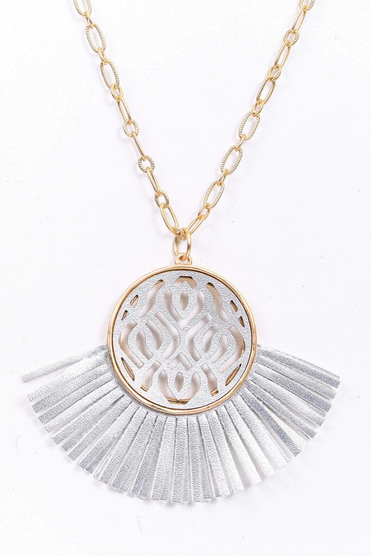 Gold/Silver Filigree/Leather Tassel/Fan Pendant Necklace - NEK3799SI