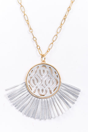 Gold/Silver Filigree/Leather Tassel/Fan Pendant Necklace - NEK3799SI