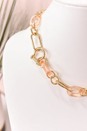 Gold/Pink Chain/Acrylic Link Necklace - NEK4088GO