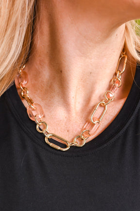 Gold/Pink Chain/Acrylic Link Necklace - NEK4088GO