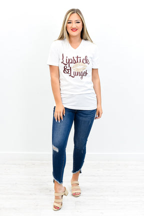Lipstick And Lunges White V Neck Graphic Tee - A1162WH