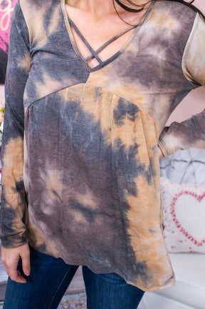Memorable Moments Brown/Multi Color Tie Dye Babydoll Top - T6146BR