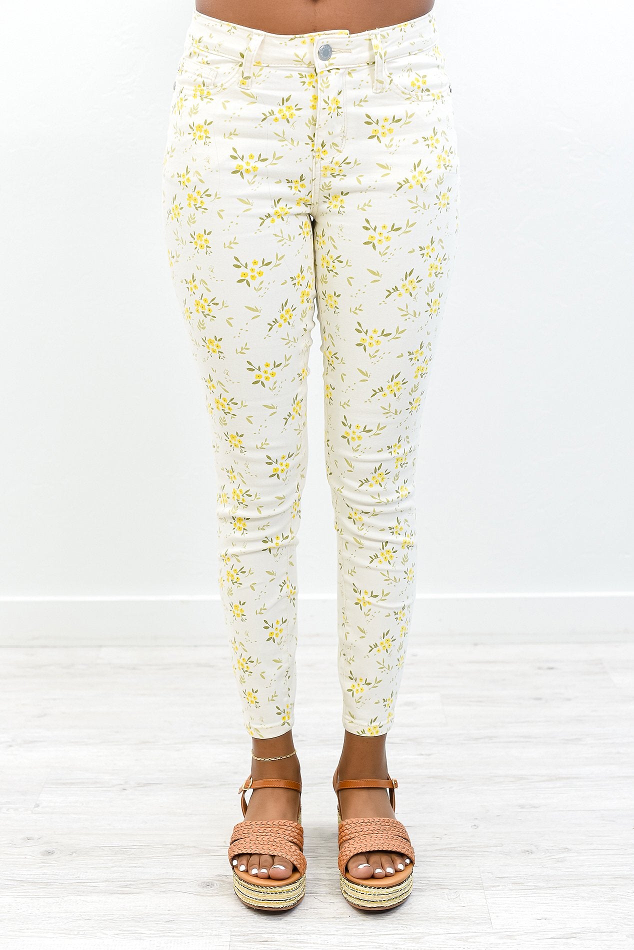 Denim And Flowers White/Yellow Floral Skinny Fit Jeans - K633WH