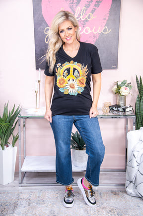 Cherish Your Inner Peace Black Sunflower/Peace Sign Graphic Tee - A2590BK