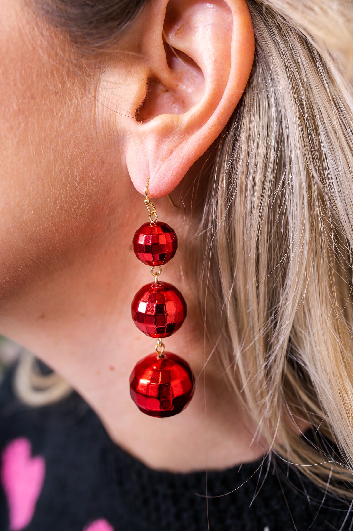 Red 3-Tier Disco Ball Drop Earrings - EAR4034RD
