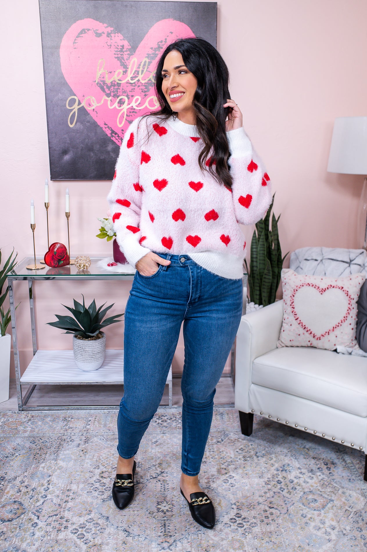 Key To My Heart Off White/Red Heart Printed Sweater Top - T6159OW