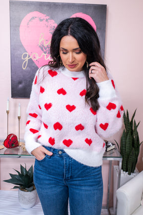 Key To My Heart Off White/Red Heart Printed Sweater Top - T6159OW