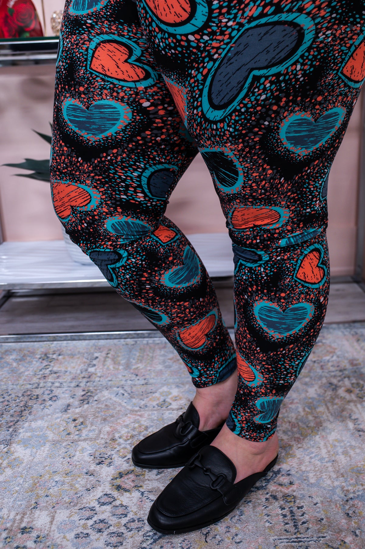 Black/Coral/Teal Heart Printed Leggings (Sizes 12-18) - LEG1536BK