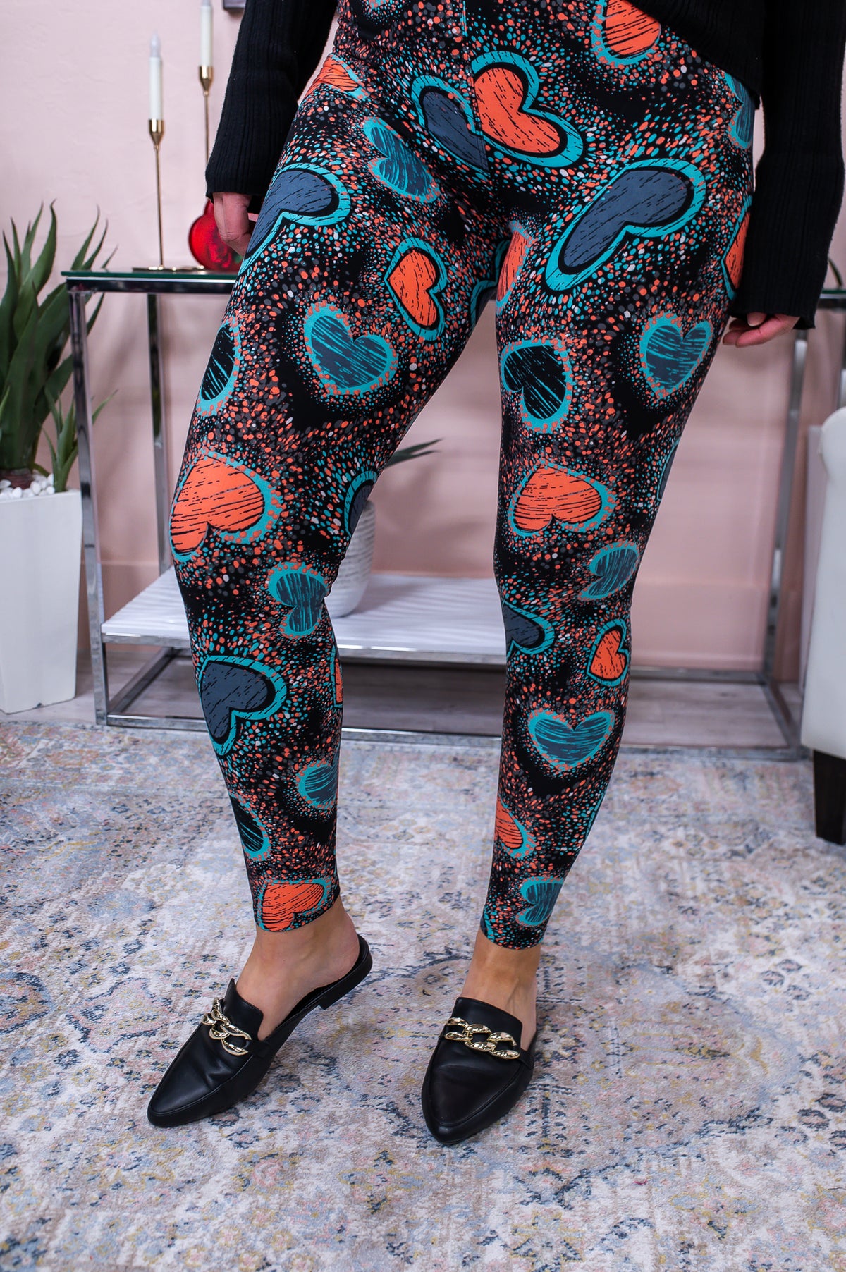 Black/Coral/Teal Heart Printed Leggings (Sizes 4-12) - LEG1534BK