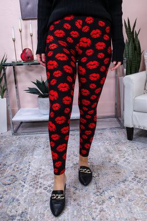 Black/Red Kiss Printed Leggings (Sizes 4-12) - LEG3051BK